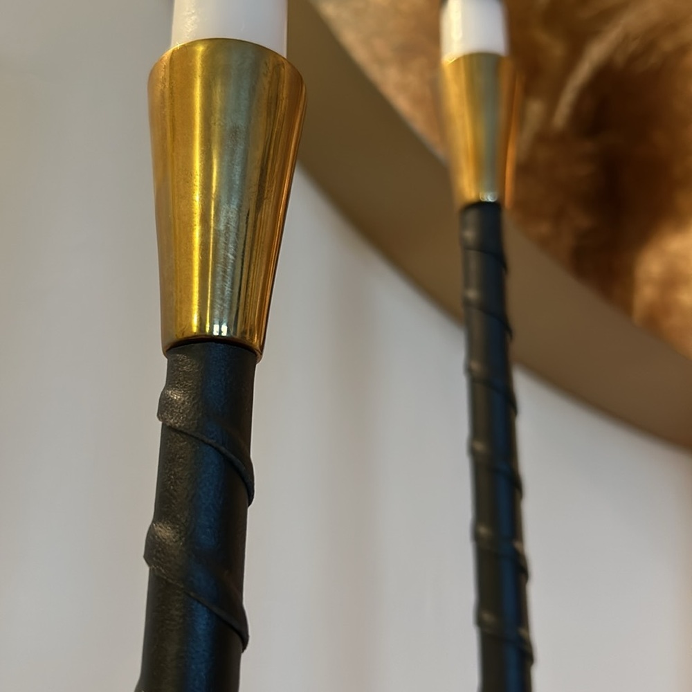 Leather wrapped brass taper candlesticks:set of 2 - Picture 3 of 3